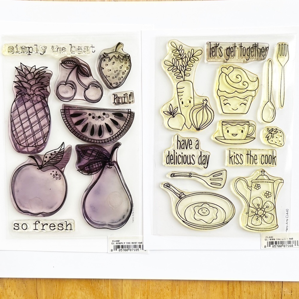 𝅺HERO Arts Lot of 2 Food Theme Clear Cling Stamp Sets Fruits Veggies